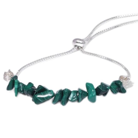 Green Irregular Natural Stone Malachite Silver Adjustable Slider Bracelet - Picture 1 of 7